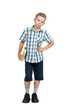 A full-length portrait of a teenager in a plaid shirt, shorts and with books in his hand, isolated on a transparent background png