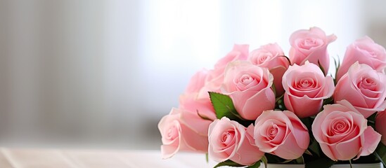 Wall Mural - Pink roses in vase on table