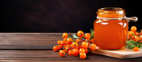 Poster - A jar of honey and fresh berries on a rustic wooden surface