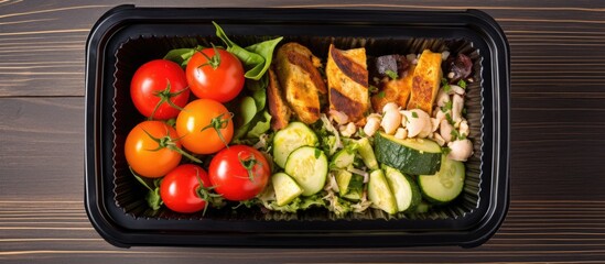 Sticker - Plastic container with veggies and meat on wooden table