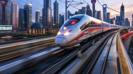 Poster - Futuristic high-speed train zooming along elevated tracks against a city skyline backdrop.