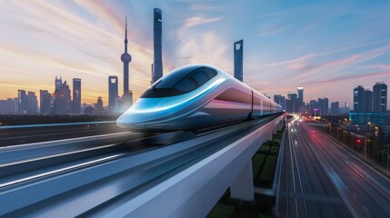 Poster - Futuristic high-speed train zooming along elevated tracks against a city skyline backdrop.