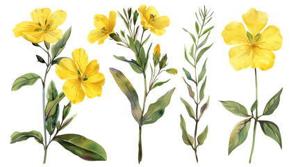Set of evening primrose flowers watercolor clipart isolated on white or transparent background png cutout clipping path