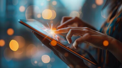 Aufkleber - Hands holding a tablet with wireless network bars visible, accessing online resources with ease.
