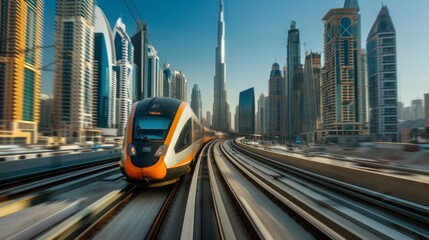 Aufkleber - High-speed commuter train speeding past skyscrapers, illustrating efficient urban mobility solutions.