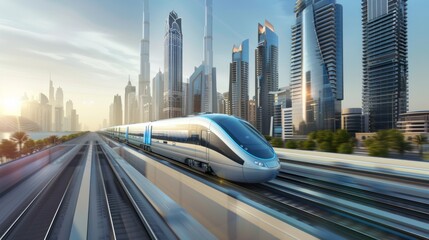 Aufkleber - High-speed commuter train speeding past skyscrapers, illustrating efficient urban mobility solutions.