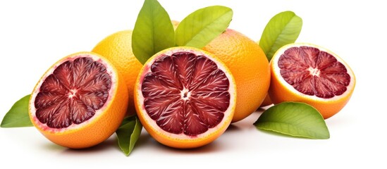 Canvas Print - Three blood oranges halves with leaves