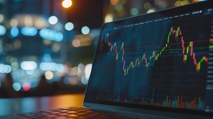 Leinwandbilder - Laptop screen displaying candlestick stock market charts, indicating price movements and trading patterns.