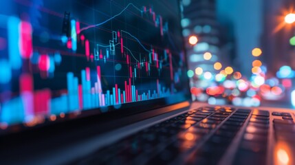 Poster - Laptop screen displaying candlestick stock market charts, indicating price movements and trading patterns.