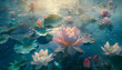 Beautiful tranquil waters adorned with the delicate presence of several pink and white lotus flowers