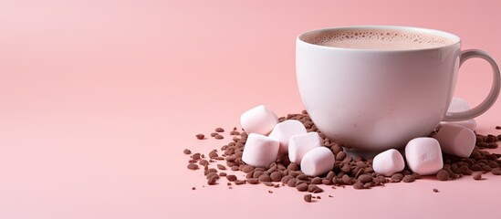 Canvas Print - A cup of coffee topped with marshmallows on pink background