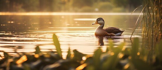 Poster - A duck floats among lake reeds