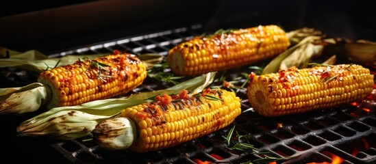 Sticker - Grilled corn with seasoning on a barbecue