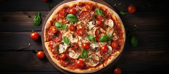 Poster - Pizza with mushrooms and tomatoes on wooden table