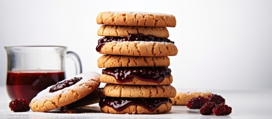 Wall Mural - Stack of cookies topped with jam and raspberry