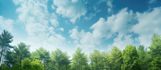 Poster - Grassy meadow with tall trees under blue sky