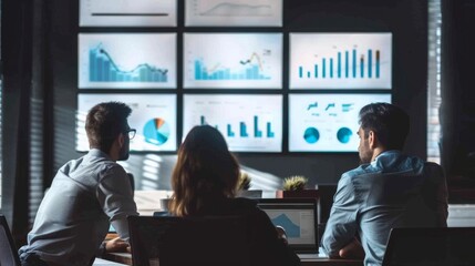 Poster - Team discussing business strategy with graphs and diagrams displayed on a conference room screen