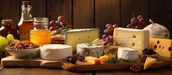 Wall Mural - Close-up of cheese board with grapes, nuts, and honey