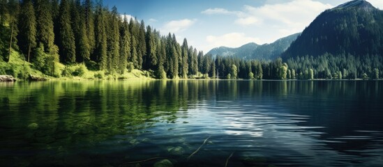 Canvas Print - Scenic lake and majestic mountain view