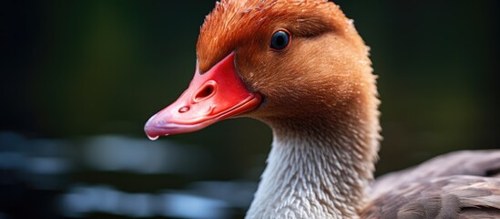 Poster - A duck with a red beak in a pond