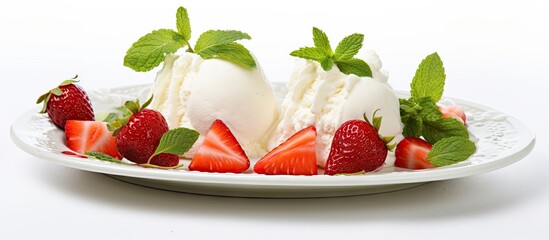 Wall Mural - Three strawberries, two ice creams on plate