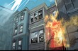 A drawing depicting a raging fire burning in front of an apartment building, with smoke billowing out of windows. The intense flames are a stark contrast against the buildings facade