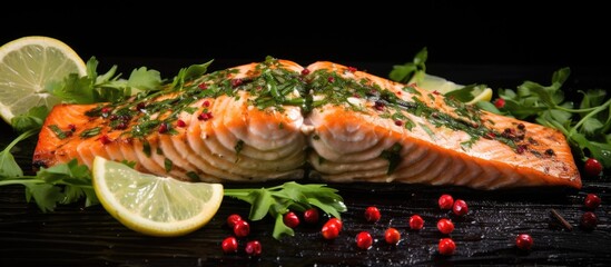 Canvas Print - Fresh salmon close-up with lemon and parsley