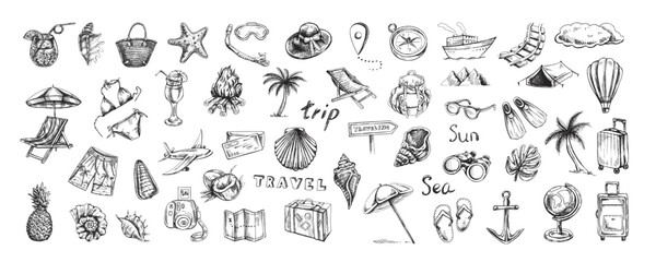 hand-drawn sketch set of travel icons. tourism and camping adventure icons. сlipart with travelling 