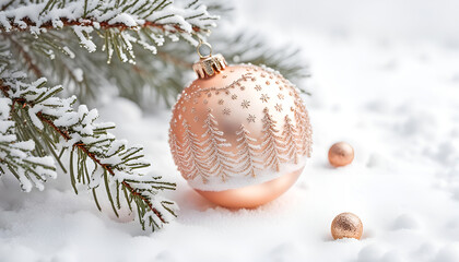 Wall Mural - Beautiful christmas tree bauble with snow and copy space