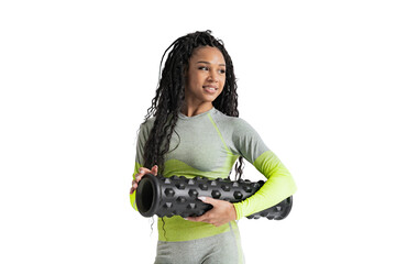 Wall Mural - Curly haired female trainer in workout clothes, cut out