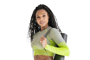 Wall Mural - Curly haired female trainer in workout clothes, cut out