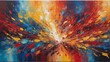 An intense abstract painting resembling fire, with energetic strokes of reds, oranges, and yellows converging at a central point.