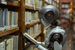 Robot in a library setting, symbolizing the concept of artificial intelligence and machine learning