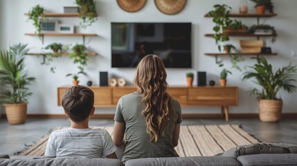 Wall Mural - Family watching movie at home. Mother changing channels with remote