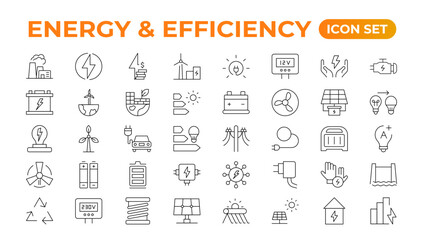 Wall Mural - Set of Energy & Ecology line icons set. outline with editable stroke collection. Includes Eco Home, Nuclear Energy, Power Plant, Solar Energy.Simple set about energy efficiency and saving.