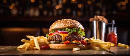 Wall Mural - Burger and Fries on Wooden Table