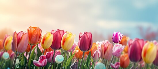 Wall Mural - Field of vibrant tulips under clear blue sky