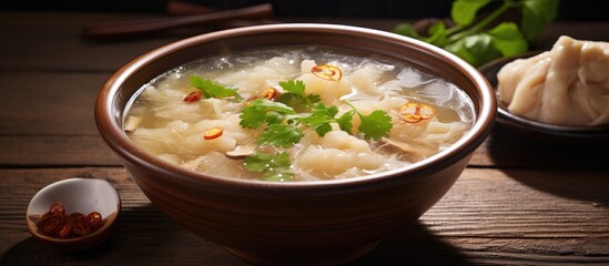 Bowl of cooked noodles with chopsticks