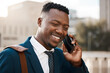 Phone call, business and happy black man in city, conversation or salesman listening to contact in the morning. Smartphone, smile and African professional outdoor for deal, negotiation or travel news