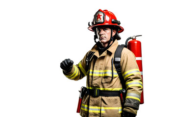 Wall Mural - Firefighter Man Holding Banner PNG Image , Male Firefighter worker in helmet with empty banner, isolated on white transparent background	
