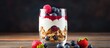 Glass yogurt with berries granola close-up