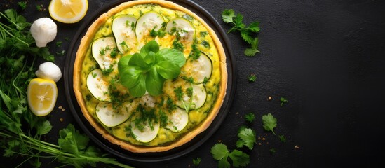 Poster - Pizza with fresh veggies and citrus slices on table