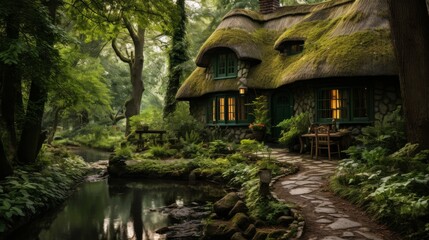 A charming house with a thatched roof nestled in a lush forest setting