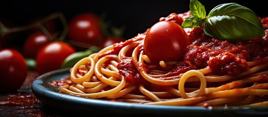 Wall Mural - Plate of Spaghetti with Fresh Tomatoes and Basil