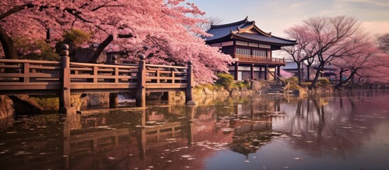 Wall Mural - lush foliage surrounds tranquil stream and bridge