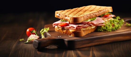 Canvas Print - Sandwich with ham and cheese on wooden board