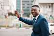 Business, black man and stop taxi in city to travel, smile or career as salesman outdoor in town. Professional, transport and male person for hailing a cab, commute or formal on street for trip