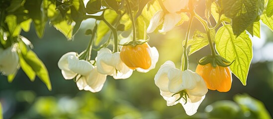 Poster - Numerous white and orange peppers dangle from a tree