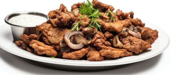 Sticker - Plate of fried chicken, mushrooms, and sauce