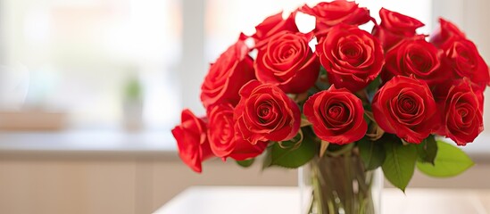 Poster - Red roses vase on table by window